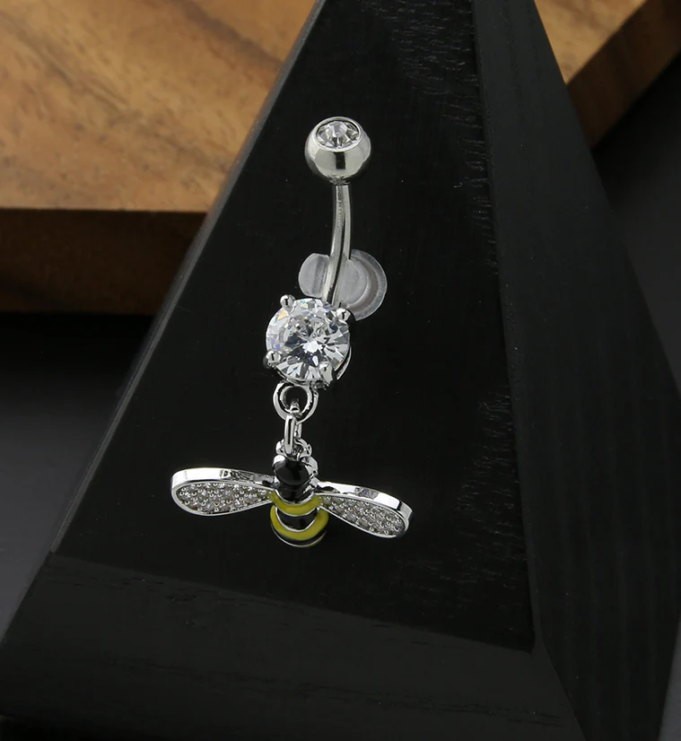 Black And Yellow Bee Clear CZ Stainless Steel Belly Button Ring - Image 2