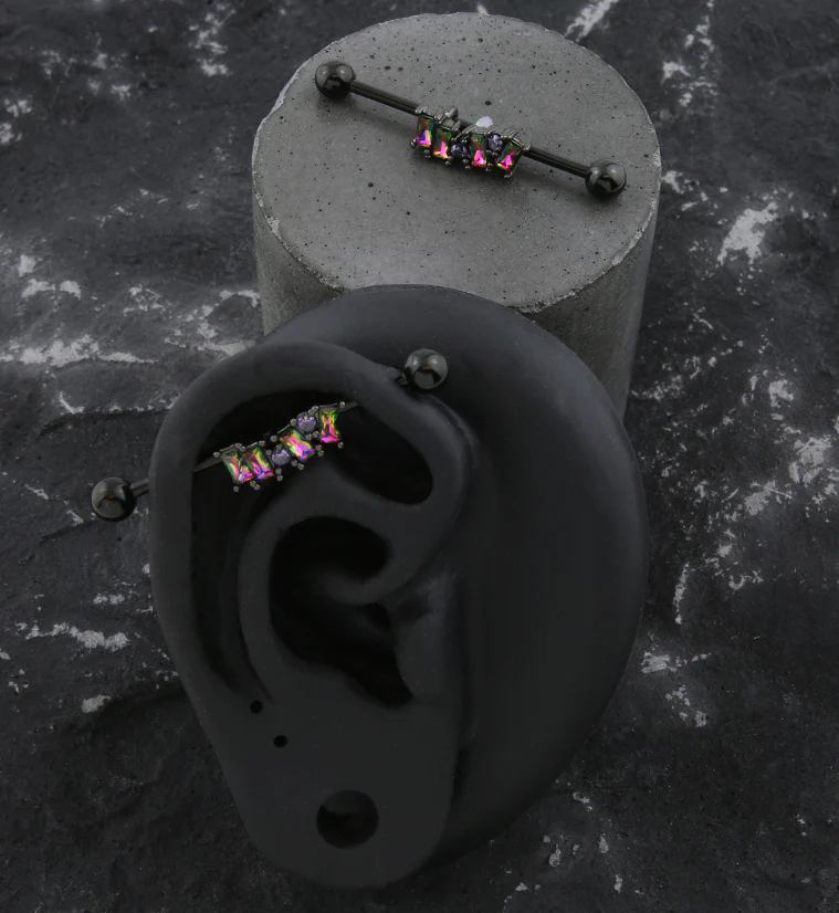 Black Aurora Baguette CZ Stainless Steel Industrial Barbell - Image 2