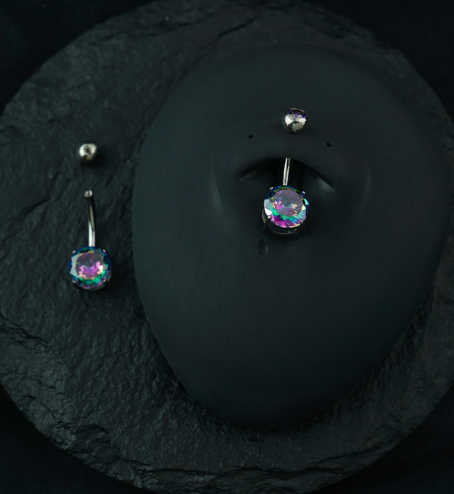 Black Aurora CZ Prong/Bezel Internally Threaded Titanium Belly Button Ring - Image 2