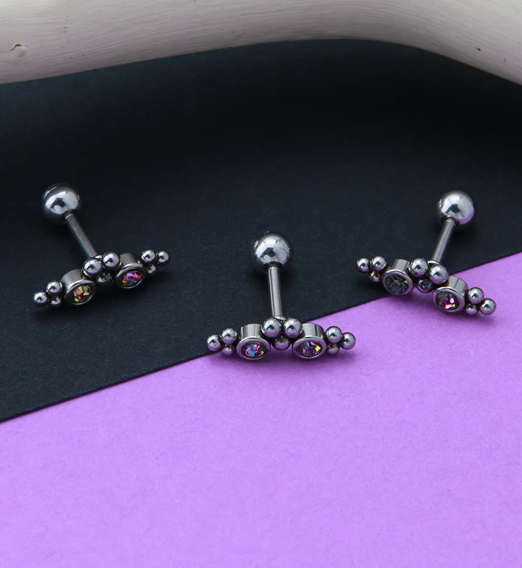 Black Aurora Double CZ Gem Cluster Bead Cartilage Barbell - Image 2