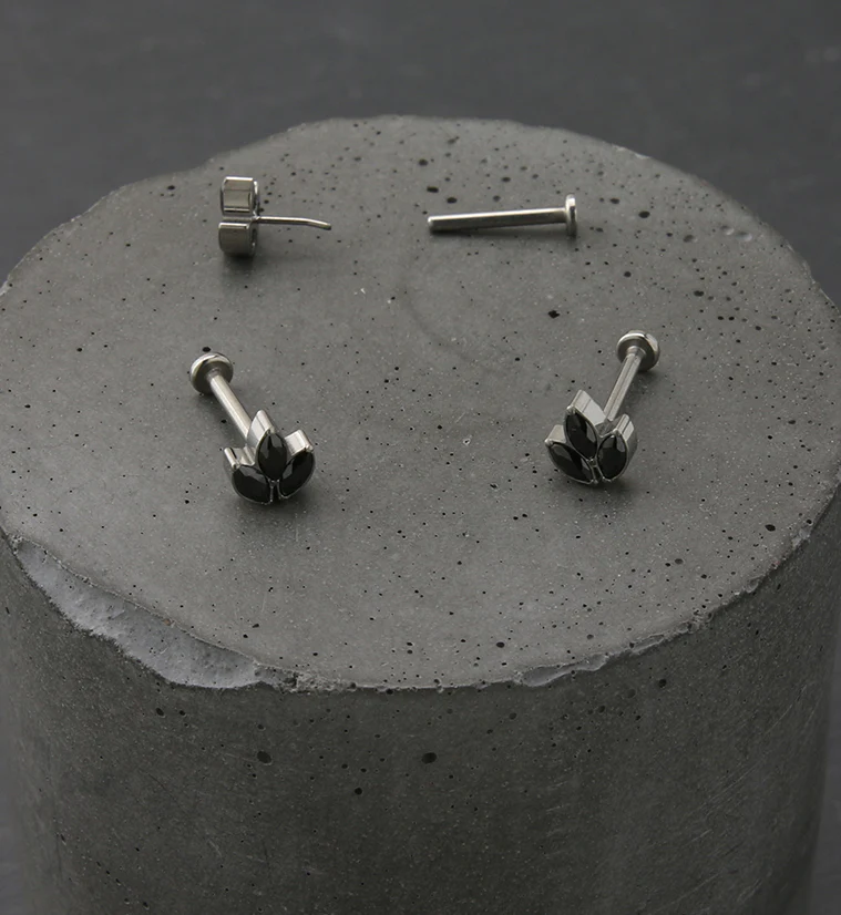 Black CZ Tri Sepal Titanium Threadless Labret - Image 2