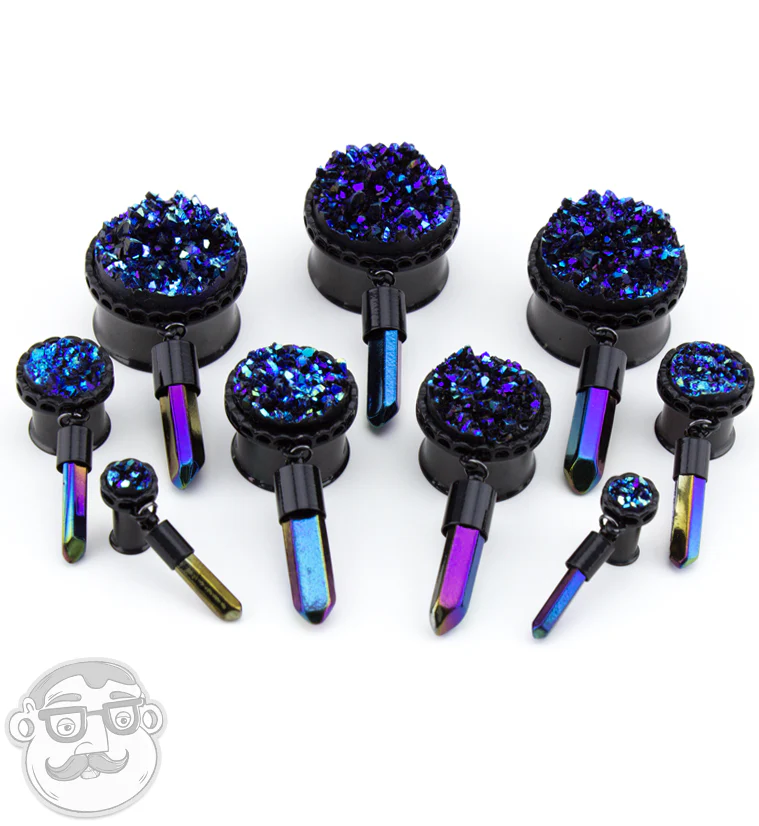 Black Druzy Plugs with Hanging Crystal - Image 2