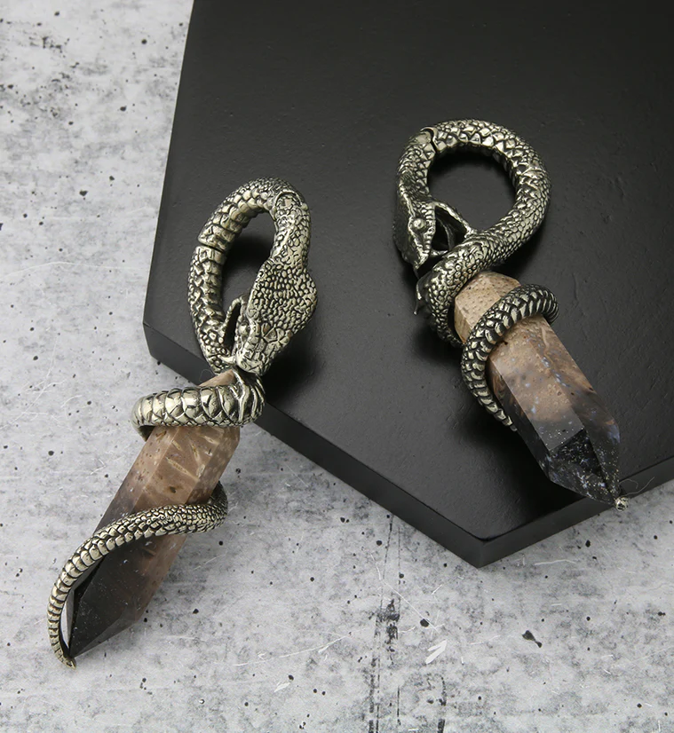 Black Flame Petrified Palm Root Cobra White Brass Hinged Ear Weights - Image 2