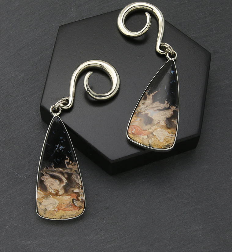 Black Flame Petrified Palm Root Stone White Brass Ear Weights - Image 2