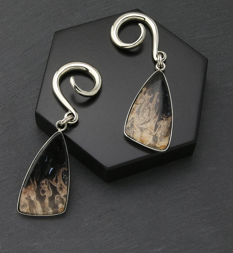 Black Flame Petrified Palm Root Stone White Brass Ear Weights - Image 4