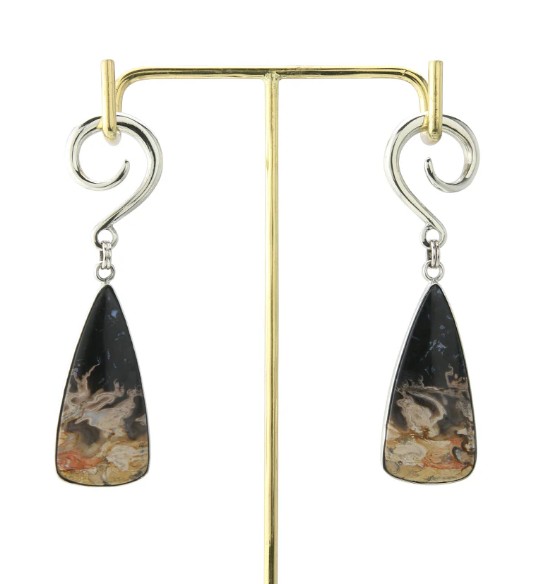 Black Flame Petrified Palm Root Stone White Brass Ear Weights - Image 5