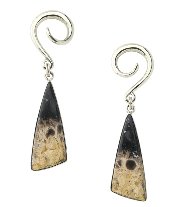 Black Flame Petrified Palm Root Stone White Brass Ear Weights Version 3