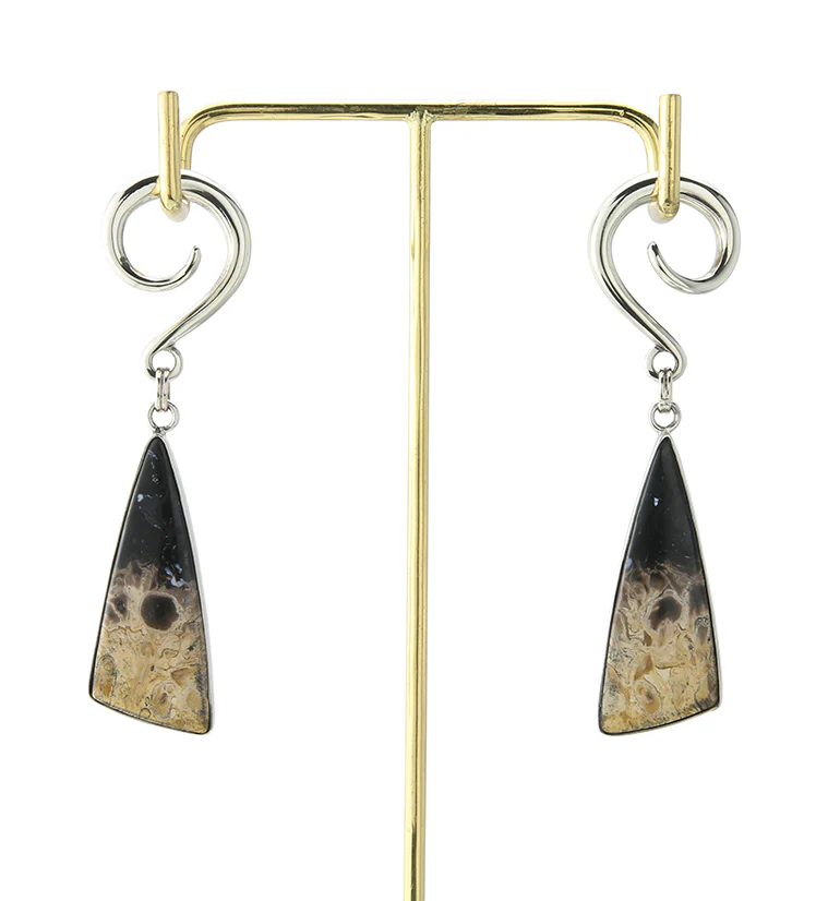 Black Flame Petrified Palm Root Stone White Brass Ear Weights Version 3 - Image 2