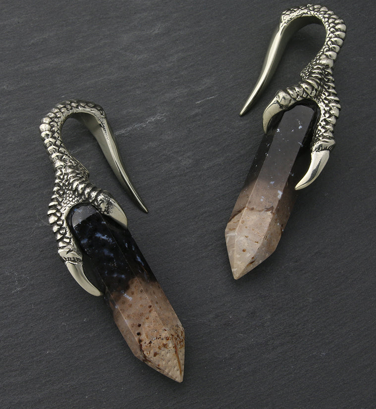 Black Flame Petrified Palm Root Raven Claw White Brass Ear Weights - Image 2