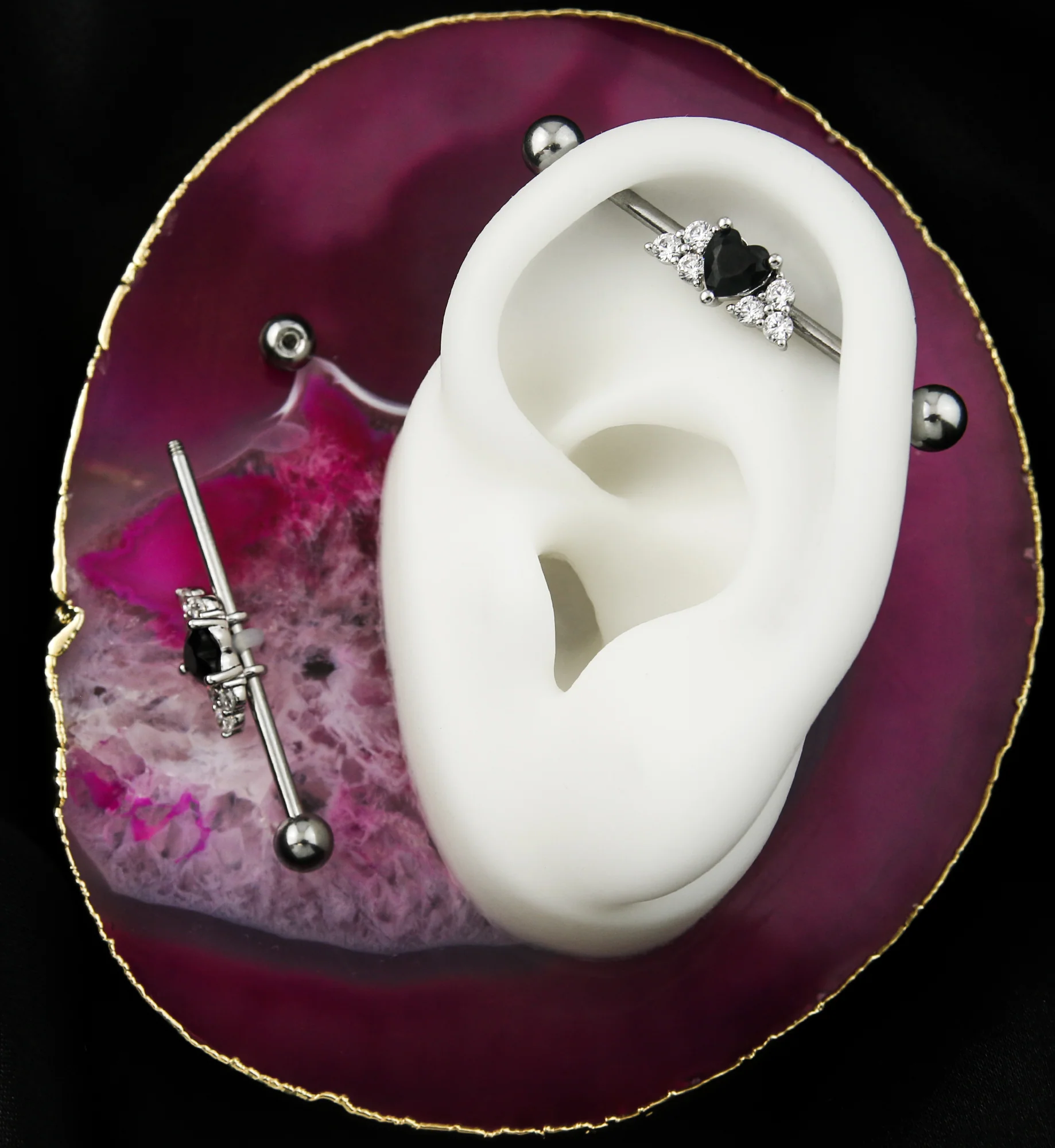 Black Heart Clear CZ Stainless Steel Industrial Barbell - Image 2