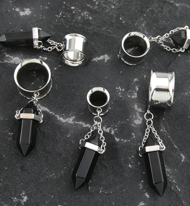 Black Obsidian Crystal Dangle Stainless Steel Tunnel Plugs - Image 2