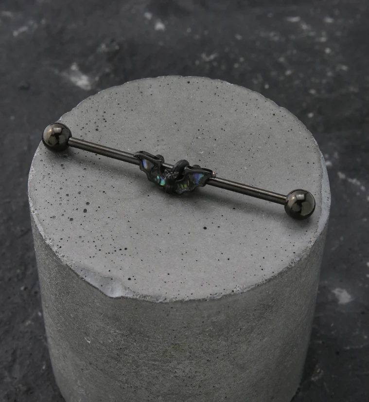 Black PVD Abalone Bat Wing Stainless Steel Industrial Barbell - Image 2
