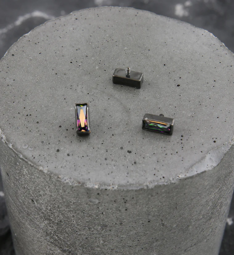 Black PVD Baguette Black Aurora CZ Internally Threaded Titanium Top - Image 2