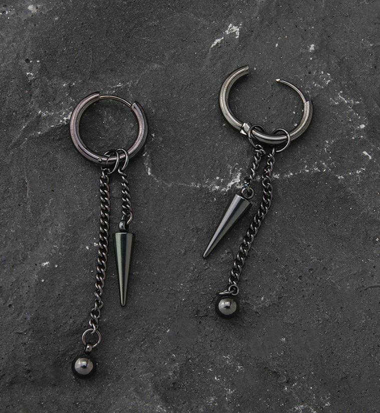 Black PVD Ball Cone Dangle Stainless Steel Hoop Earrings - Image 2