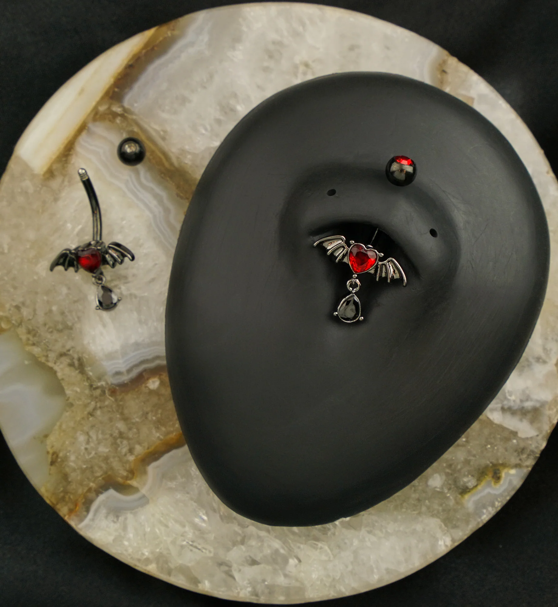Black PVD Bat Red Heart Dangle CZ Stainless Steel Belly Button Ring - Image 2