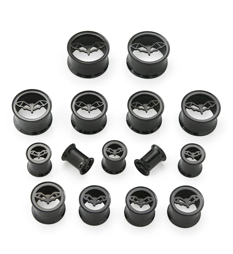 Black PVD Bat Sign Stainless Steel Double Flare Tunnel Plugs - Image 2