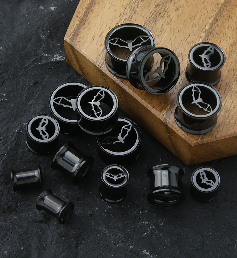 Black PVD Bat Sign Stainless Steel Double Flare Tunnel Plugs - Image 3