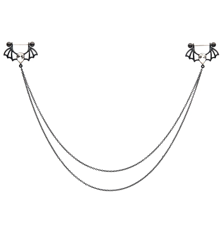 Black PVD Bat Teardrop Clear CZ Connecting Chain Nipple Ring Barbell