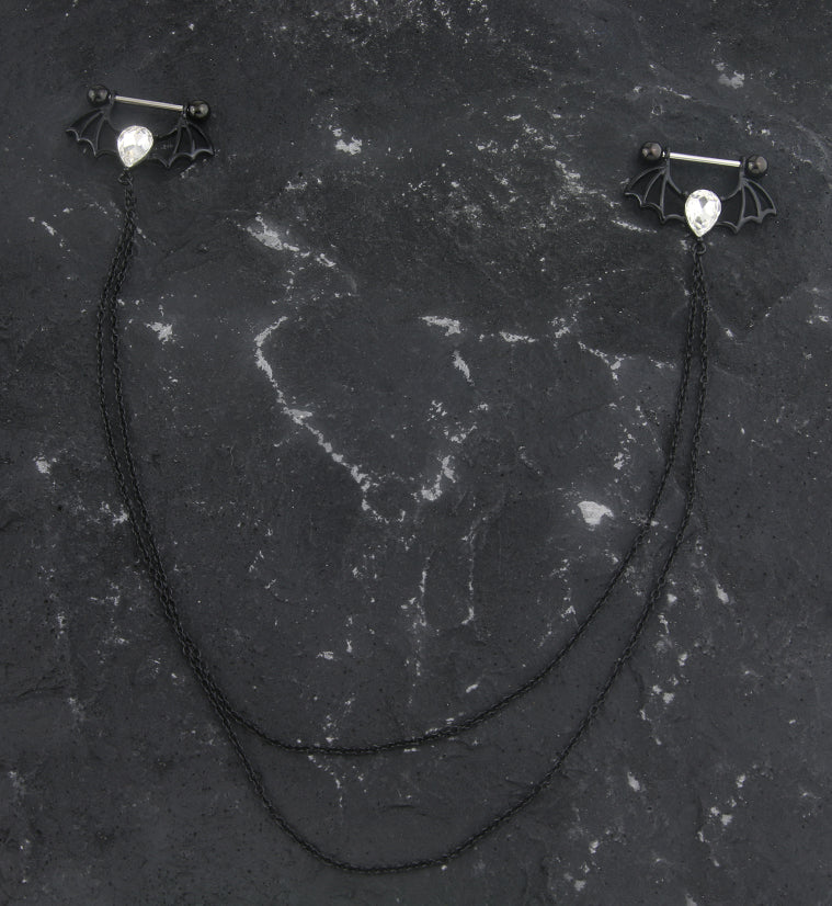 Black PVD Bat Teardrop Clear CZ Connecting Chain Nipple Ring Barbell - Image 2
