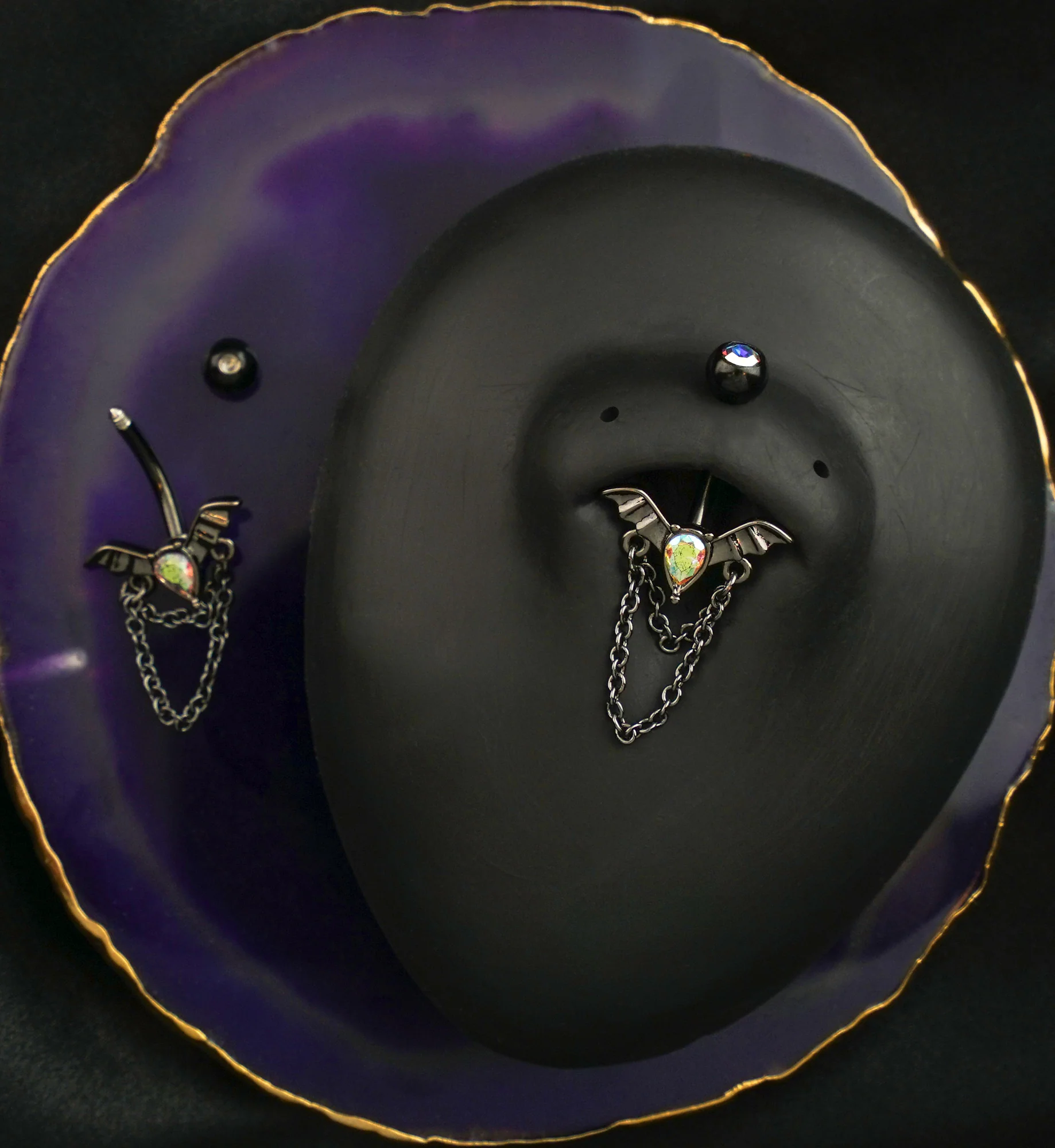 Black PVD Bat Teardrop Rainbow Aurora CZ Dangle Chain Stainless Steel Belly Button Ring - Image 2