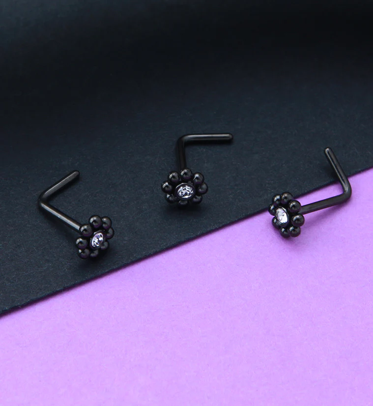 Black PVD Beaded Flower Clear CZ L Bend Nose Stud - Image 2