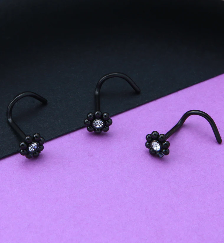 Black PVD Beaded Flower CZ Nose Screw Ring - Image 2