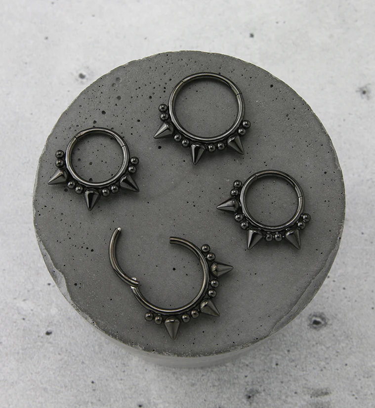 Black PVD Beaded Mini Spike Stainless Steel Hinged Segment Ring - Image 2