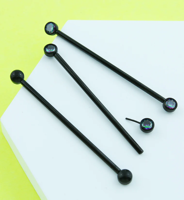 Black PVD Bezel Black Aurora CZ Threadless Titanium Industrial Barbell - Image 2