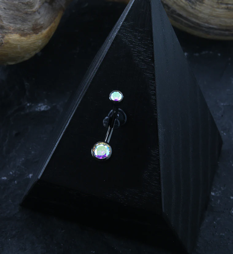 Black PVD Bezel Rainbow Aurora CZ Internally Threaded Titanium Belly Button Ring - Image 2