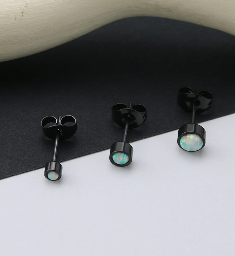 Black PVD Bezel White Opalite Stainless Steel Earrings - Image 2