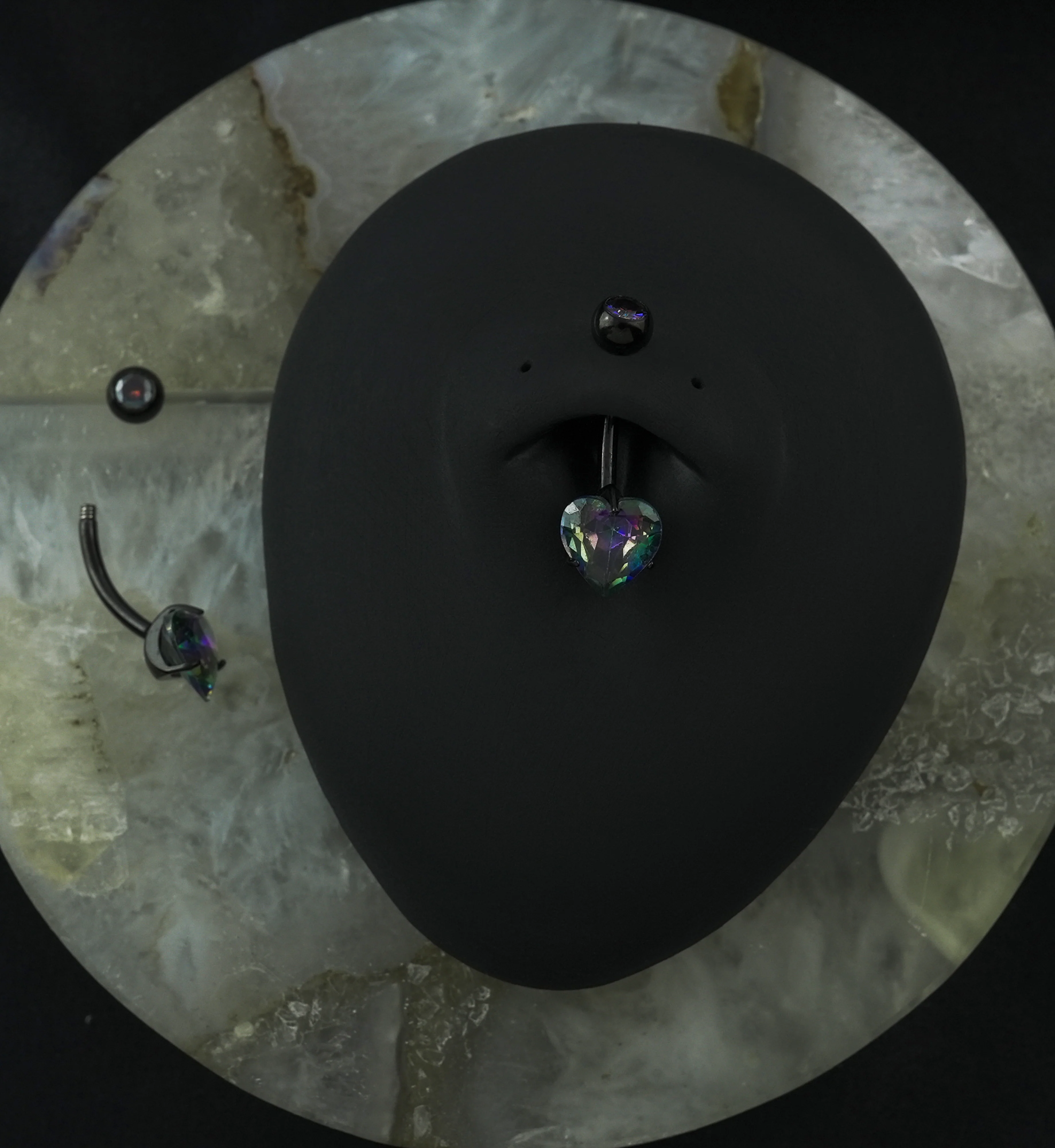 Black PVD Black Aurora Heart CZ Titanium Belly Button Ring - Image 2