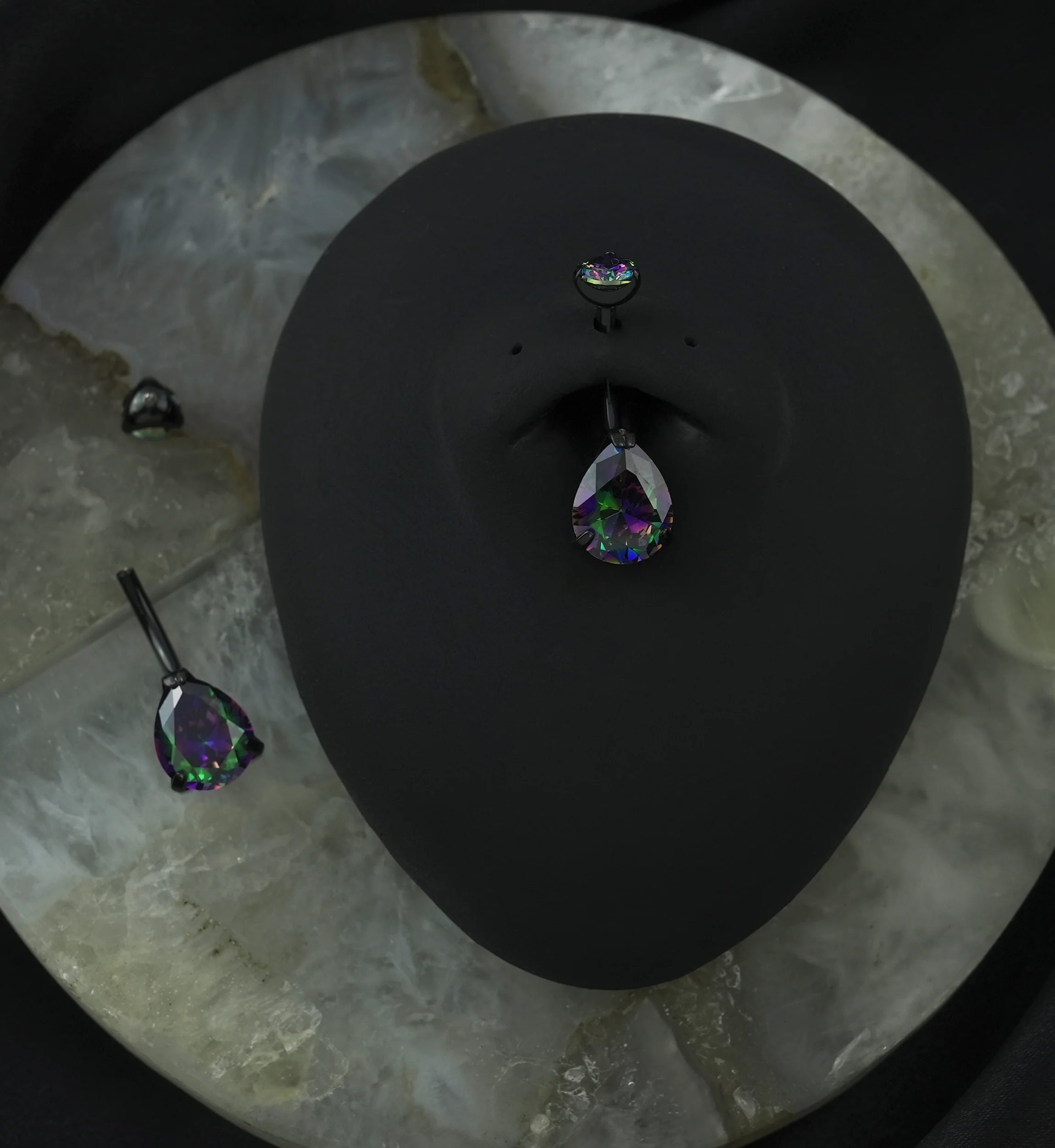 Black PVD Black Aurora Teardrop CZ Titanium Belly Button Ring - Image 2