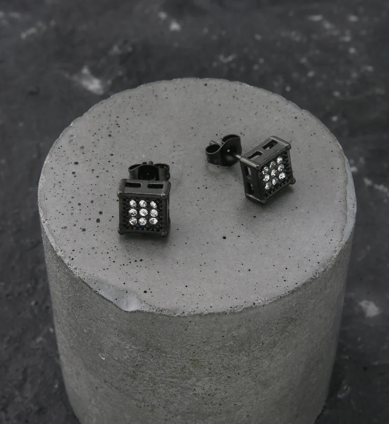Black PVD Block Clear CZ Stainless Steel Stud Earrings - Image 2