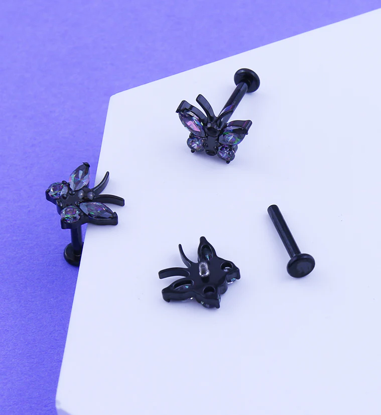 Black PVD Butterfly Black Aurora CZ Titanium Internally Threaded Labret - Image 2