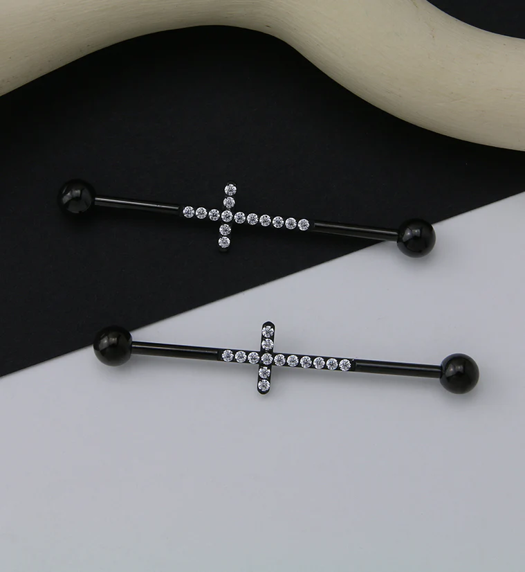 Black PVD Center CZ Cross Titanium Industrial Barbell - Image 2