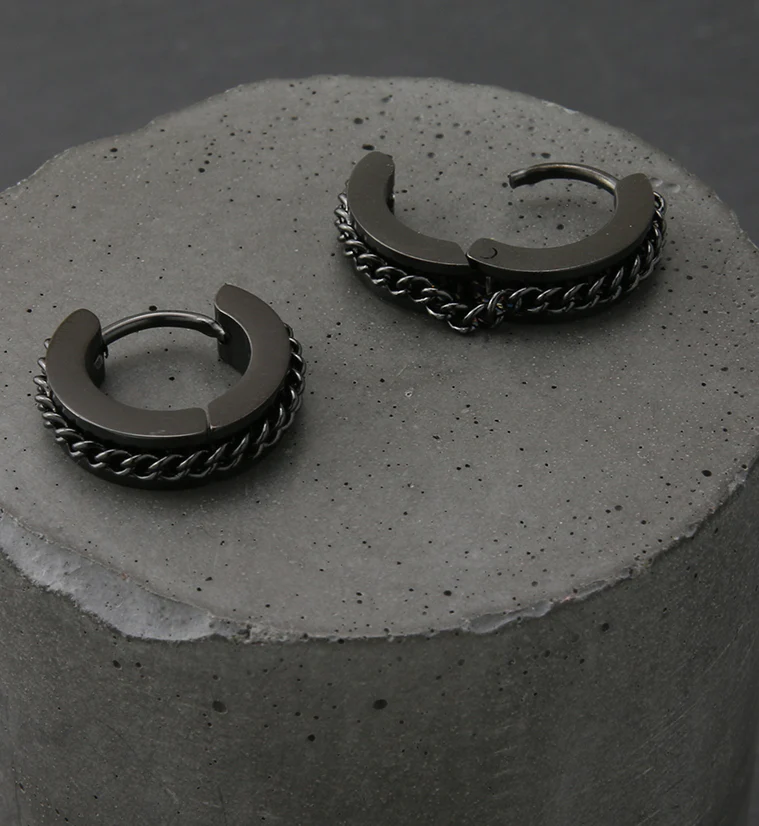 Black PVD Chain Link Stainless Steel Hinged Hoop Earrings - Image 2