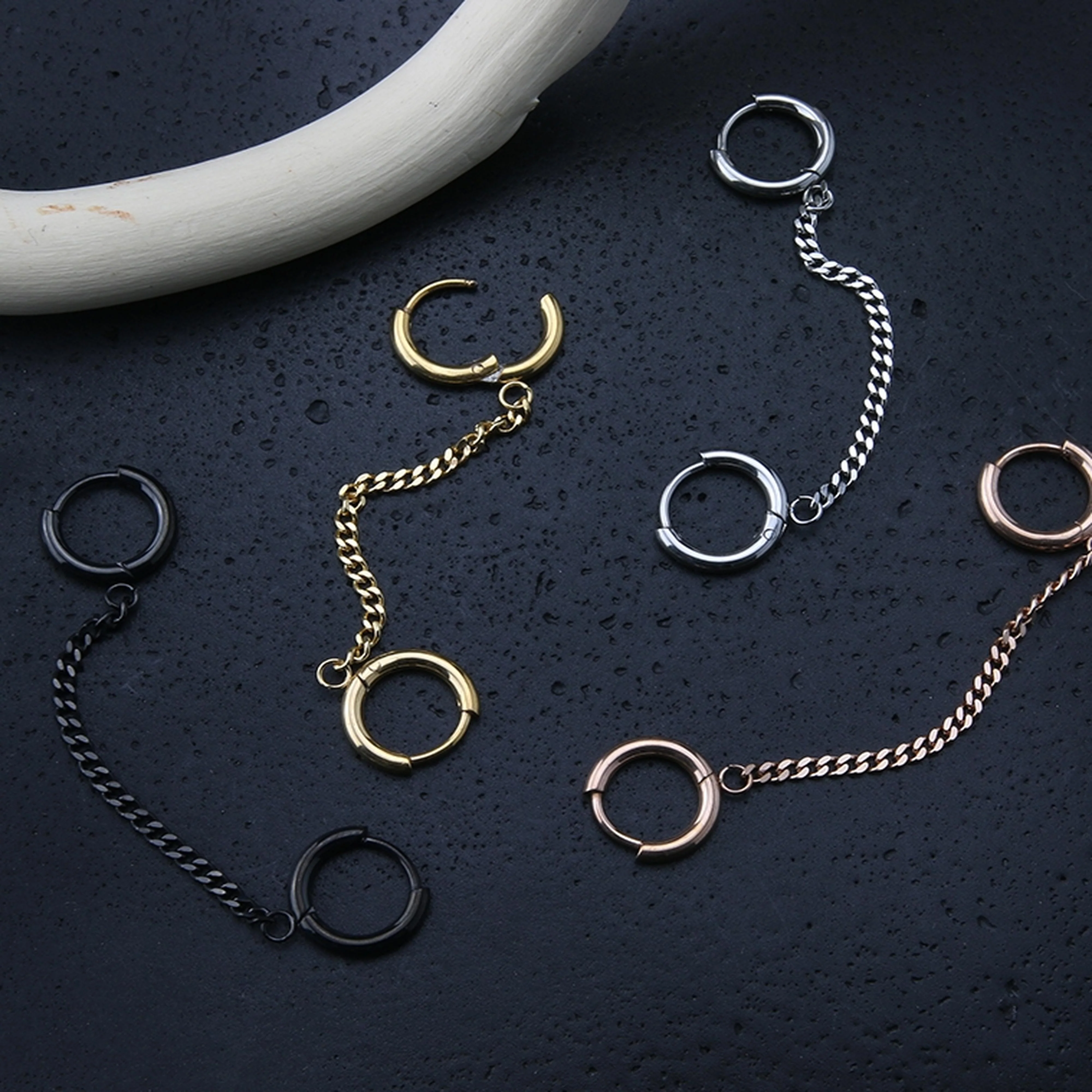 Black PVD Chained Double Hinged Hoop Cartilage Ring - Image 2