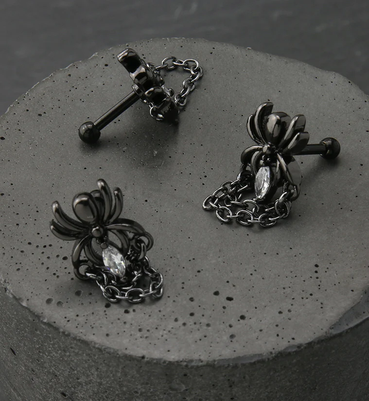Black PVD Chained Spider CZ Cartilage Barbell - Image 2