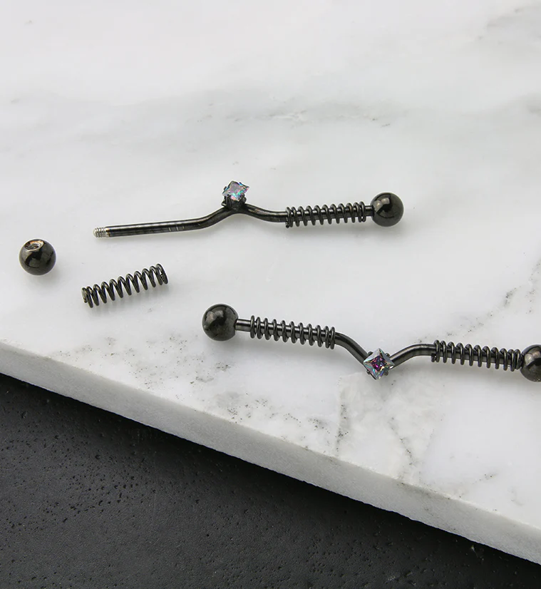 Black PVD Coil Black Aurora CZ Industrial Barbell - Image 2