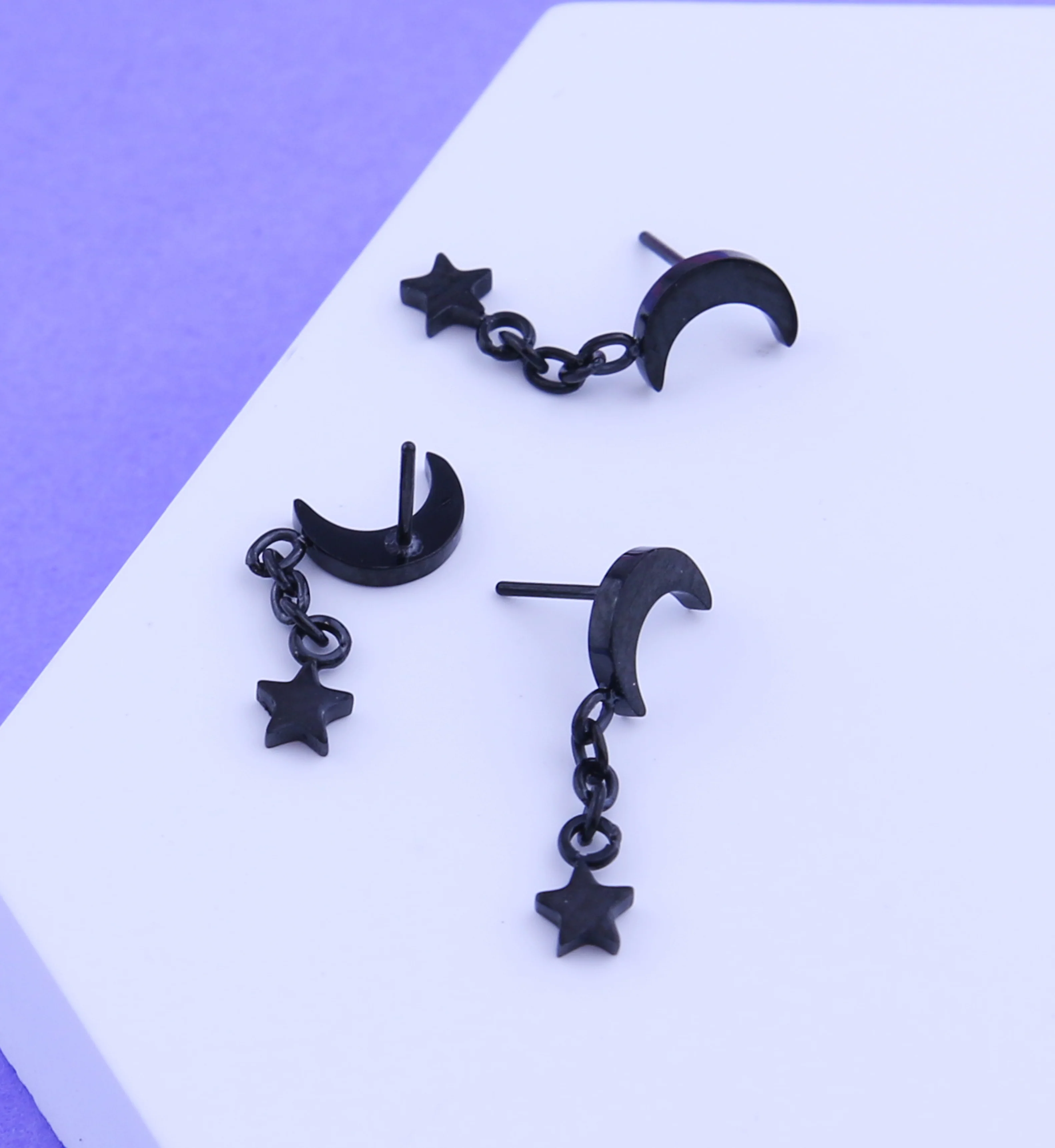 Black PVD Crescent Moon Dangle Star Titanium Threadless Top - Image 2