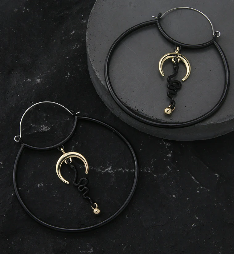 Black PVD Crescent Snake Stainless Steel Plug Hoops - Image 2
