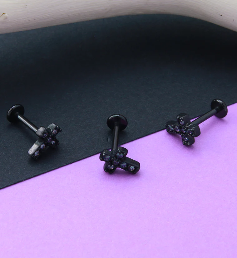 Black PVD Cross Aura CZ Gem Labret Post - Image 2