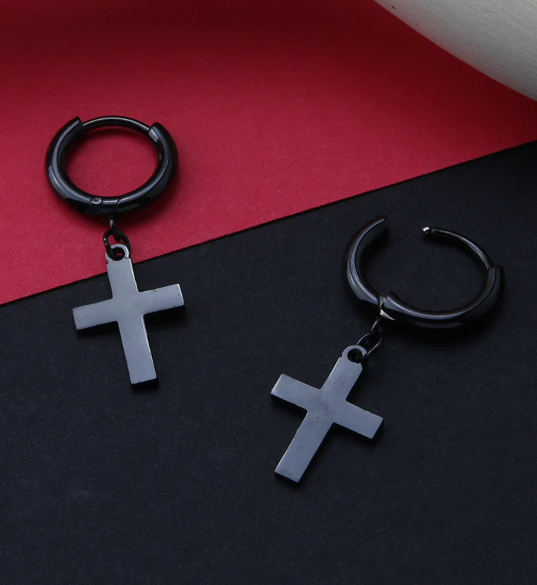 Black PVD Cross Stainless Steel Hinged Earrings - Image 2