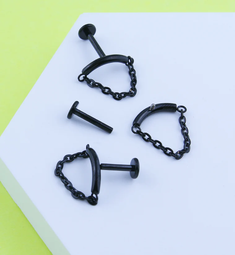 Black PVD Curved Bar Dangle Chain Titanium Internally Threaded Labret - Image 2