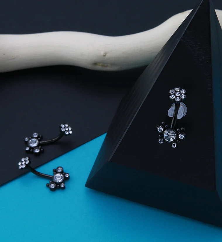 Black PVD CZ Cluster with Floret Top Belly Button Ring - Image 2