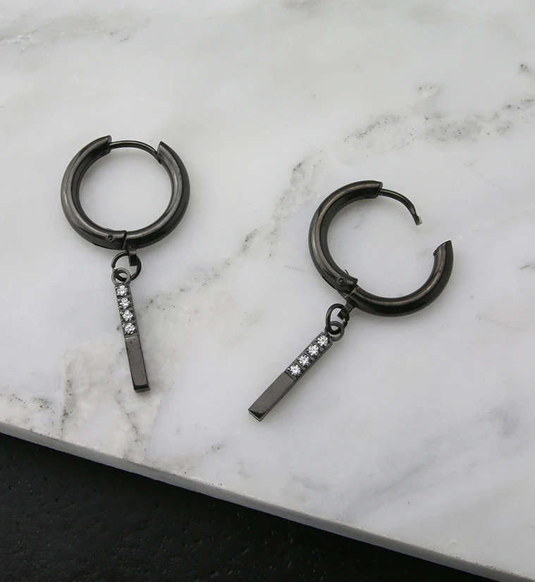 Black PVD Dangle Bar CZ Stainless Steel Hinged Earrings - Image 2