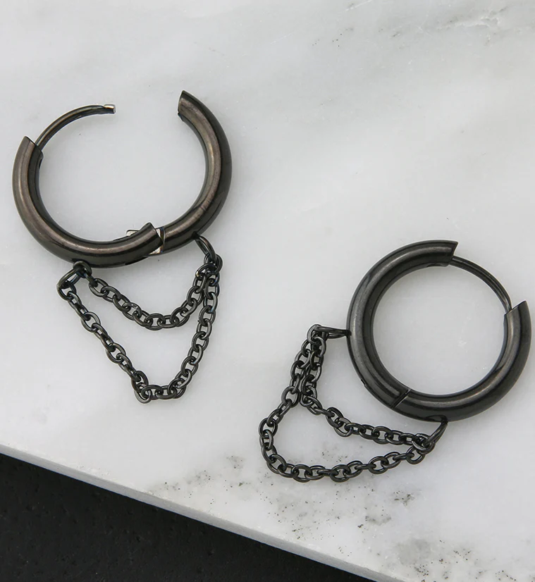 Black PVD Dangle Chain Stainless Steel Hinged Earrings - Image 2