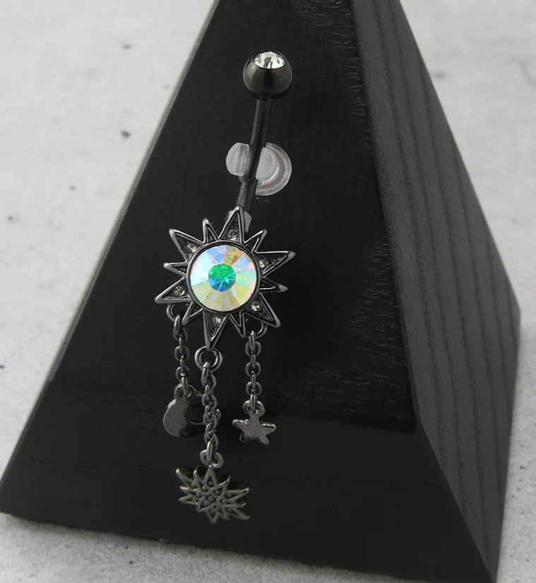 Dangle Cosmos Rainbow Aurora CZ Black PVD Belly Button Ring - Image 2