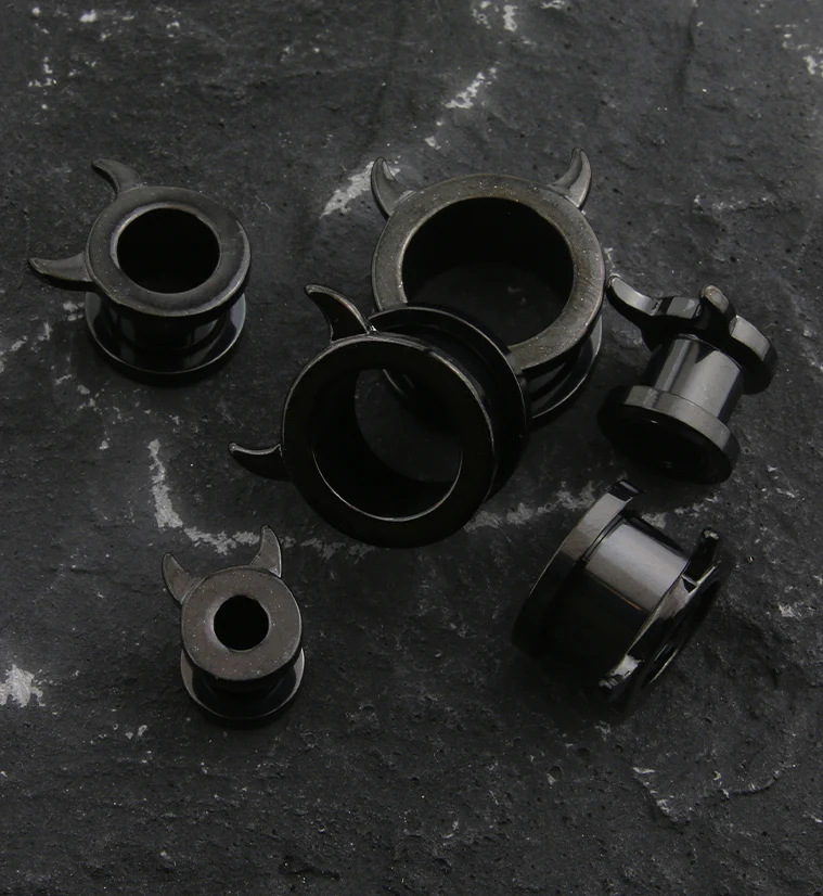 Black PVD Devil Horns Stainless Steel Tunnel Plugs - Image 3