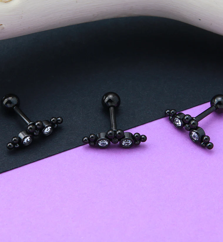 Black PVD Double CZ Gem Cluster Bead Cartilage Barbell - Image 2
